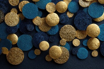 Scattered gold and teal circles on dark background