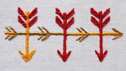 Three embroidered arrows, red and gold, on cream fabric