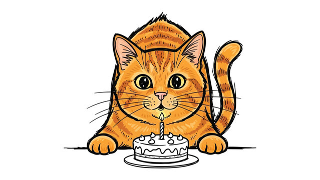 Birthday Cat Celebration: A cartoon cat prepares to celebrate its birthday with a cake, one candle of which is lit, creating a charming and cheerful atmosphere. 