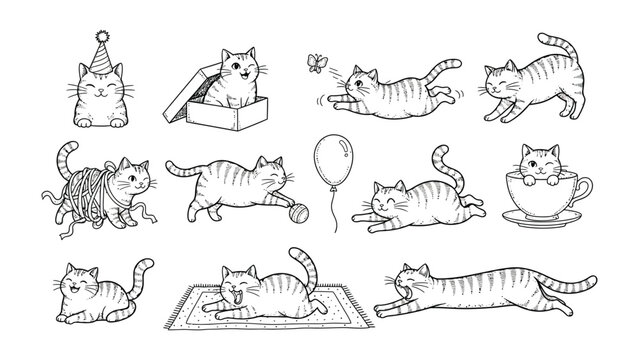 Whimsical Cat Cartoon: A collection of playful cat illustrations, showcasing delightful feline antics with a charming touch of cartoon art style.