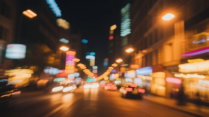 Blurred night city street with illuminated lights and moving vehicles