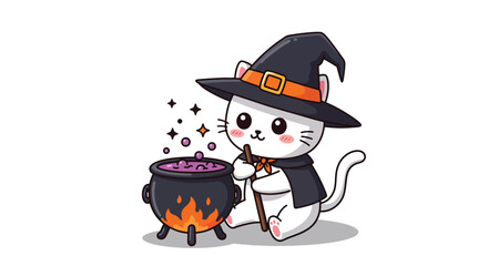 Cute Cat Witch Brewing Potion.
