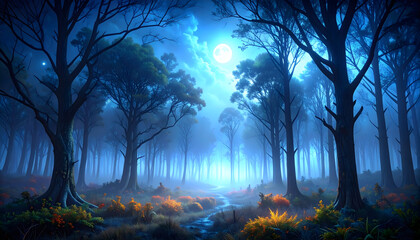 Enchanted forest at night with a mystical glow and a path leading into the trees under a full moon
