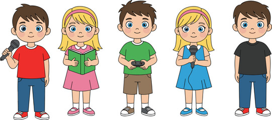 Group of cartoon children with different activities, reading book, singing with microphone, playing games, isolated on white background, colorful illustration