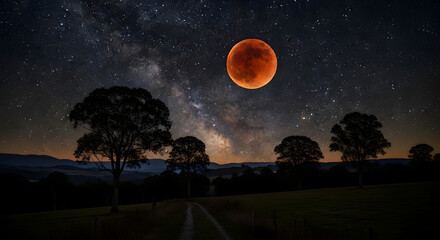 A serene lake reflects the bright full moon and starry sky, framed by dark, tree-covered hills under a twilight sky.