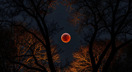 A serene lake reflects the bright full moon and starry sky, framed by dark, tree-covered hills under a twilight sky.