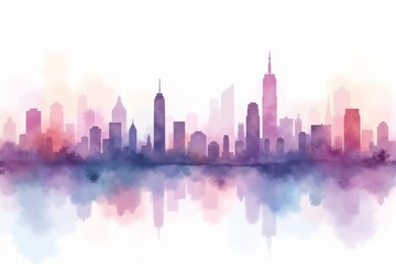 Colorful watercolor skyline featuring tall skyscrapers reflecting on water. The vibrant hues create a dreamy atmosphere perfect for urban-themed projects and backgrounds.