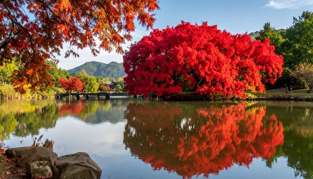 Autumn leaves reflecting on a calm pond