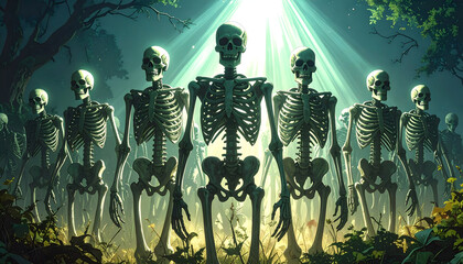 A group of skeletons standing in a dark, eerie forest with light shining from above