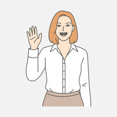 Illustration of a smiling woman waving hands in formal attire