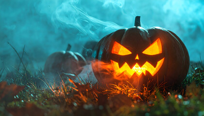 Scary carved pumpkin with glowing eyes and mouth in dark misty forest at night