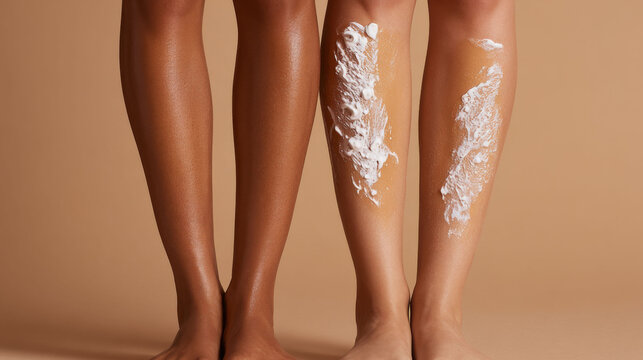 Smooth legs with shaving cream on beige and tan skin, close up beauty care concept with soft lighting - Powered by Adobe