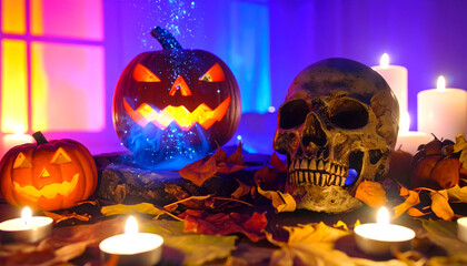 Halloween still life with carved pumpkin, skull, candles, and autumn leaves