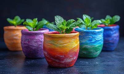 Colorful drinks in handcrafted pots