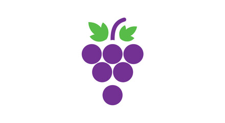 Illustration of a bunch of purple grapes with green leaves on a white background.