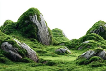 Lush green moss covers rocky hills against a white background
