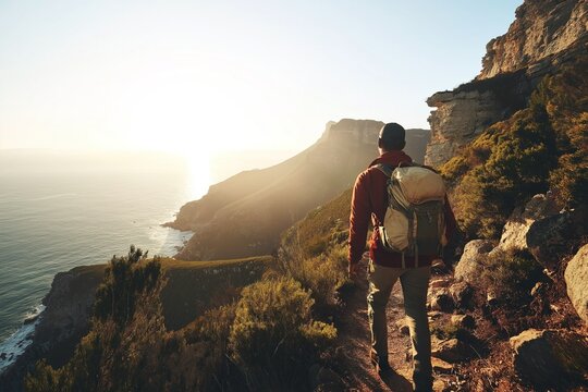 Man hiking on coastal cliffs of Cape Town South Africa with back to camera and backpack overlooking ocean view at sunrise adventure travel scenic landscape