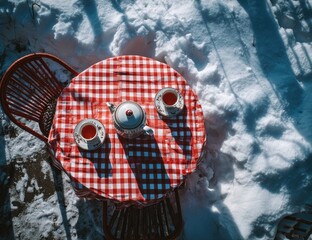 Snowy outdoor tea setting; red checkered tablecloth, teapot, and two teacups
