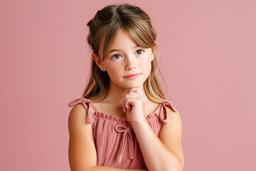 A little girl stands against a pink wall, wearing a light dress. She holds her hand thoughtfully to her chin, as if contemplating. The concept is curiosity, reflection, and imagination.