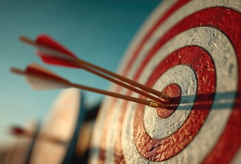 Three arrows pierce the bullseye of a weathered, red-and-white archery target, set against a blurred outdoor background at sunset