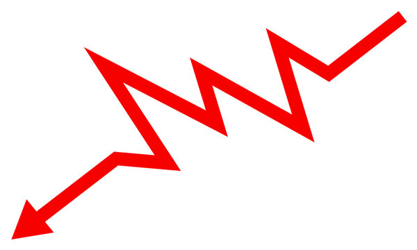 Red jagged arrow pointing downwards isolated on transparent background