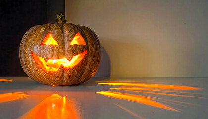 A carved halloween pumpkin with a glowing face and orange light casting reflections on a surface