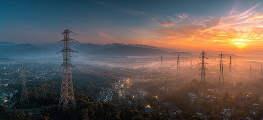 Panoramic sunrise over a misty valley, showcasing numerous tall electricity pylons against a backdrop of mountains and a cityscape