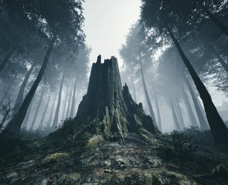A large, moss-covered tree stump dominates a misty forest scene