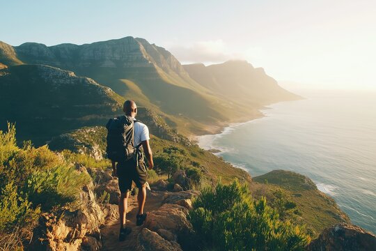 Man hiking on Cape Town mountains overlooking ocean with sunlight distant mountain range wearing shorts backpack walking rocky path outdoor adventure scenic landscapes freedom exploration summer trave - Powered by Adobe