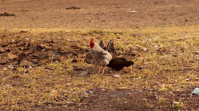 Rural rooster crowing among his hens in an open rural field, symbolizing freedom and natural farm life. This footage reflects animal welfare, sustainable agriculture. showing poultry health, behavior
