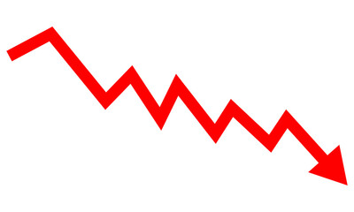 Red downward trend arrow isolated on transparent background