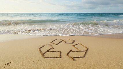 Naklejka premium Recycling symbol drawn on sandy beach near ocean waves under cloudy sky, inspiring environmental care and hope