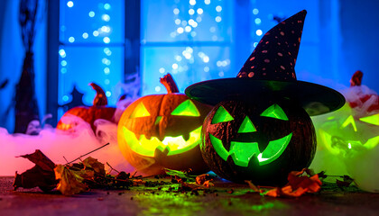 Several carved halloween pumpkins with glowing faces, one wearing a witch hat, amidst smoke and lights