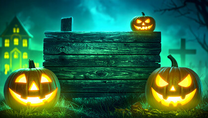 Spooky halloween pumpkins with carved faces glowing in the dark with a haunted house in the background
