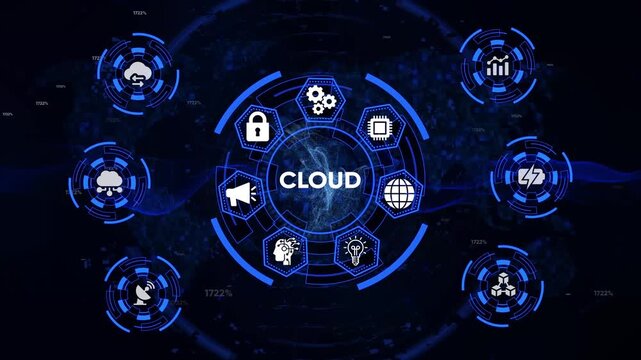 Futuristic cloud computing digital interface with interconnected icons representing data storage security analytics A I and global connectivity in a dark blue technological abstract background
