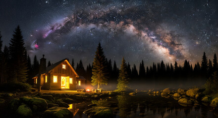 A serene lake reflects the bright full moon and starry sky, framed by dark, tree-covered hills under a twilight sky.