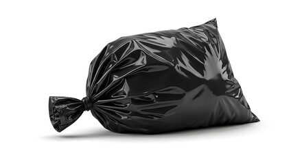Black Garbage Bag Lying on White Background in Studio