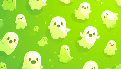 A pattern of cute, cartoonish ghosts floating on a vibrant green and yellow gradient background, ideal for halloween