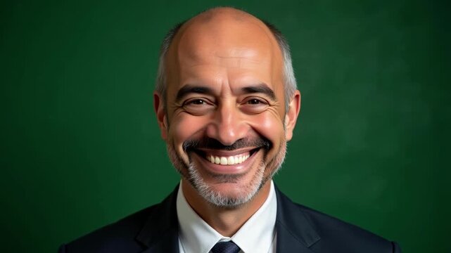 Warm smile from mature Middle Eastern businessman, a confident portrait against vibrant green, showcasing experience and approachability in 4k