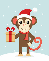 Cute cartoon monkey wearing a santa hat and scarf holding a gift