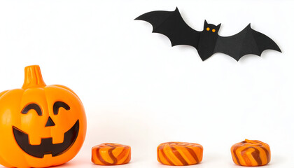A grinning jackolantern sits next to halloween candy with a black bat decoration flying above, isolated on white background