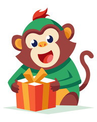Fototapeta premium Joyful monkey unwrapping a brightly colored gift box