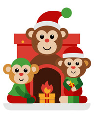 Cute christmas monkeys celebrating by the fireplace