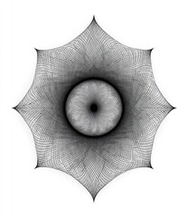 Abstract, radial design with intricate, black lines forming a starburst shape around a central, dark circle