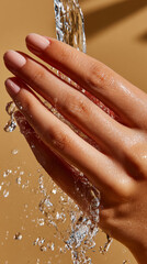 Fototapeta premium Hand with water splash showing clean skin and natural nails, refreshing and hydrating moment captured in warm light