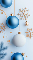 Blue ornament white ornament gold ornament snowflake pine branch festive winter holiday decoration elegant design create joyful Christmas atmosphere with modern style