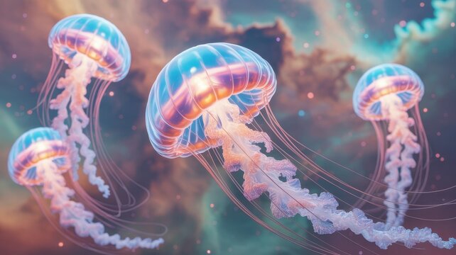 Luminous Jellyfish Dance in the Cosmos: A mesmerizing scene unfolds, showcasing ethereal jellyfish gracefully navigating a sea of cosmic wonder, their bodies radiating an otherworldly glow.