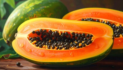 Close-up of a vibrant papaya slice showcasing its juicy orange-yellow flesh and dark seeds.  The image highlights the tropical fruit's texture and color palette against a dark wooden surface.