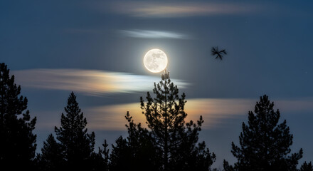 A serene lake reflects the bright full moon and starry sky, framed by dark, tree-covered hills under a twilight sky.