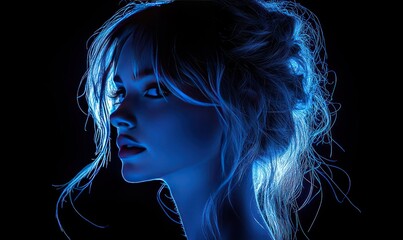A stylized, profile portrait of a woman, lit with a vibrant blue light against a black background.  A close-up view
